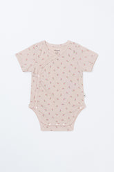 Flat Lay of Avauma Clare Peach Cream Short Sleeve Baby Bodysuit with Floral Print, Soft Cotton Onesie